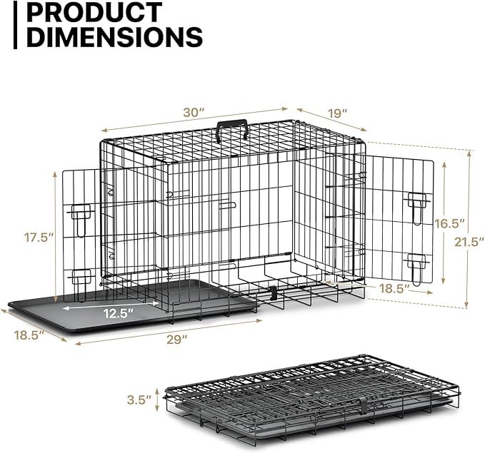 MoNiBloom 24/30/36/42/48 Dog Crates, Foldable Metal Wire Dog Cage with Double-Door, Outdoor Indoor Pet Kennels, Includes Leak-Proof Pan, Divider Panel, Black, 30"