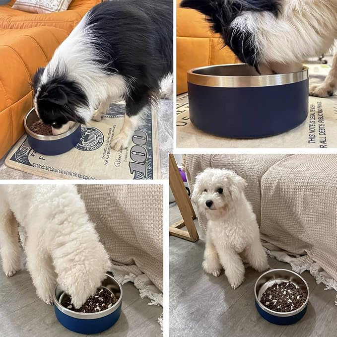 IKITCHEN Dog Bowl for Food and Water, 64 Oz Stainless Steel Pet Feeding Bowl, Durable Non-Skid Double Wall Insulated Heavy Duty with Rubber Bottom for Medium Large Sized Dogs (64 Ounces/8 Cup, Blue)
