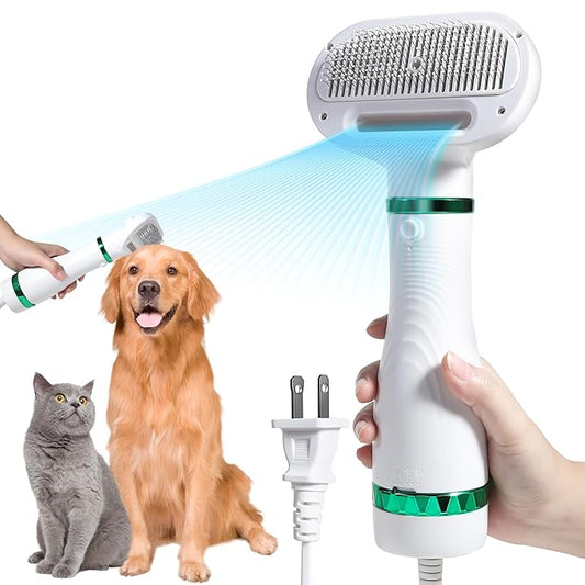 Pet Hair Dryer with Slicker Brush - 3 Heat Settings, One-Button Hair Removal, Portable Dog Blower - Professional Home Grooming Furry Drying for Small Large Cat Dog