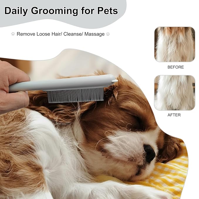 Cute Plastic Dog Comb with Stainless Steel Bristles and Furry Ears Design - Pet Grooming Tool for Removing Dirt and Tangles （Grey）