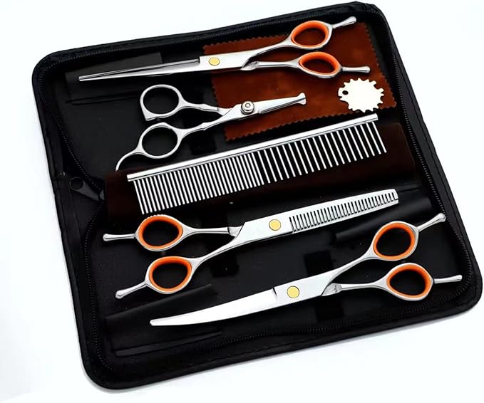 Dog Grooming Kit 7.5in Professional Dog Grooming Scissors Curved Set Including Straight Cutting,Thinning Shears,Curved Scissors,Round Tips Trimming and Comb, Cat Dogs Grooming clippers for Face Paws