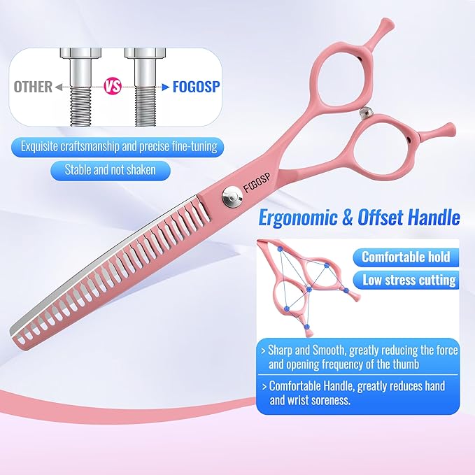 Curved Chunkers Dog Grooming Scissors 7.5" Macarone Series Professional Pet Grooming Shears for Large Dogs Pets Japan 440C Stainless Steel Sharp & Durable(Pink, 30Teeth Curved Thinners)