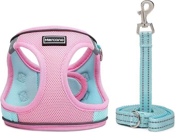Mercano Soft Mesh Dog Harness and Leash Set, No-Chock Step-in Reflective Breathable Lightweight Easy Walk Escape Proof Vest Harnesses with Safety Buckle for Small Medium Dogs, Cats (L, Pink Blue)