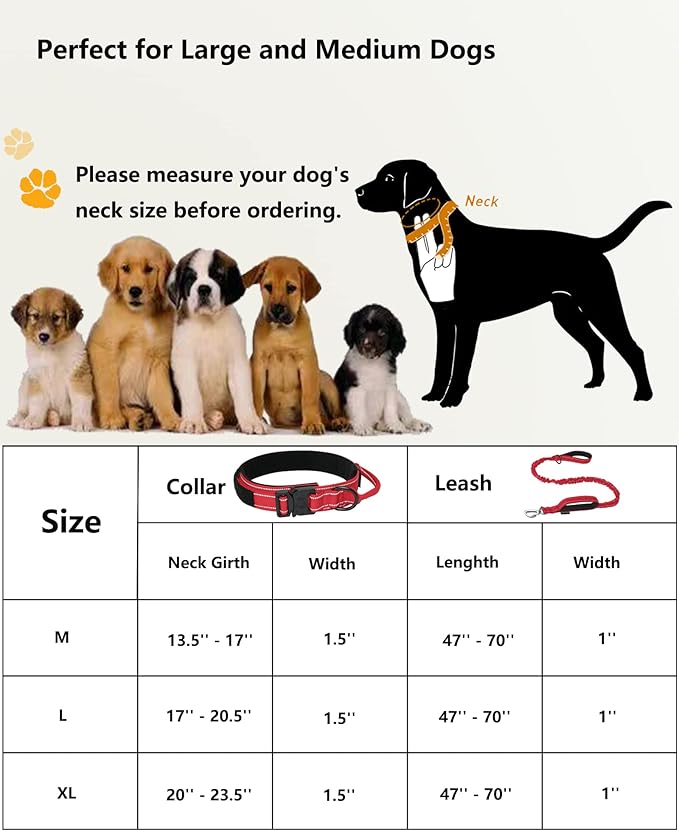 AUBELL Tactical Dog Collar and Leash Set, Adjustable Military Nylon Reflective Dog Leash and Collar with Handle and Heavy Metal Buckle for Medium Large Dogs, with Airtag Holder and 2 Patches (Red, M)