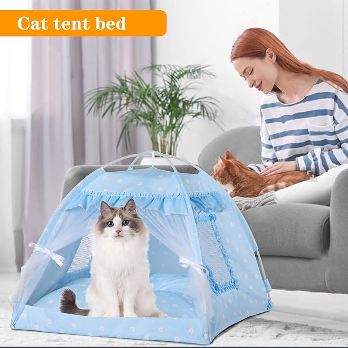 Cat Princess Bed Tent House - Kitty Cute Tent Indoor,Small Dog House Indoor/Outdoor Cave Nest Bed Small Dog Tent for Cat,Puppy Tent (19.6"x19.6"x17.7"/Blue)