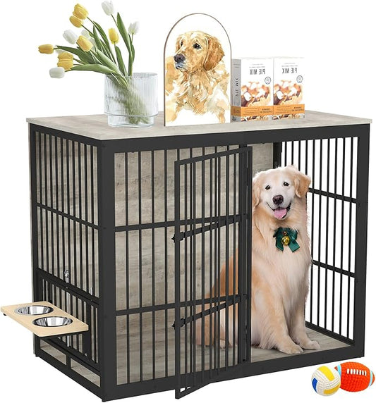 Dog Crate Furniture, 48 Inch Dog Kennel Furniture, Wooden 𝐃og Crate Furniture Large Breed with Rotating 𝘋og Bowls, Heavy Duty 𝗗og Cage Furniture Indoor,Decorative Dogs Crates End Table,Gray