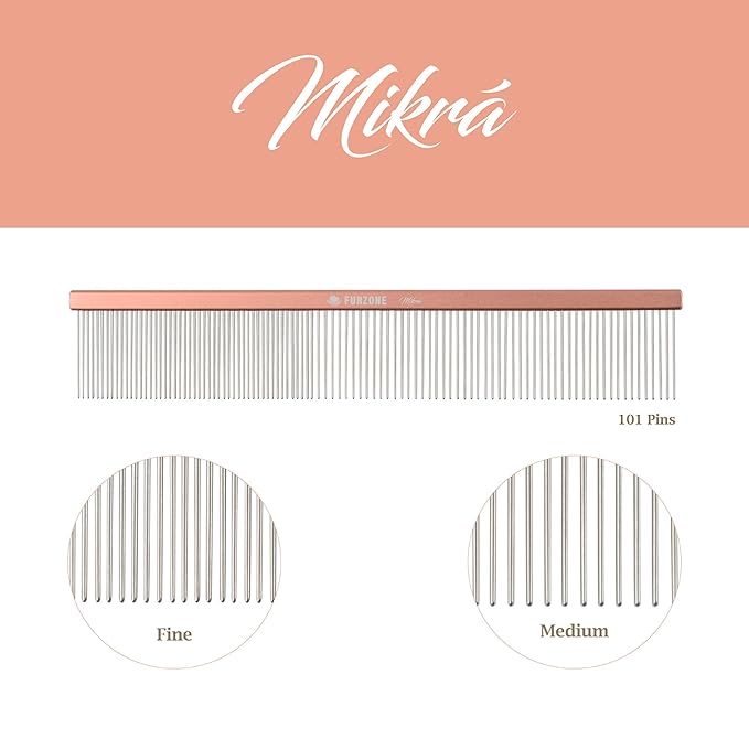2-in-1 Metal Comb for Dogs, Mikra Greyhound Comb (Fine & Medium), 101 Stainless Steel Pins Dog Comb, Aluminum 22cm Handle, Lightweight, Gentle Combing, Face/Head Fur Tangle Free