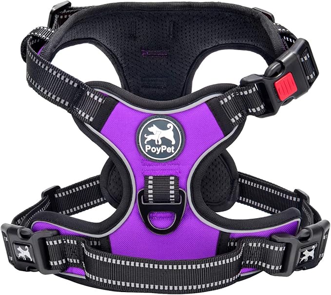 PoyPet No Pull Dog Harness, No Choke Front Clip Dog Reflective Harness, Adjustable Soft Padded Pet Vest with Easy Control Handle for Small to Large Dogs(Purple,L)