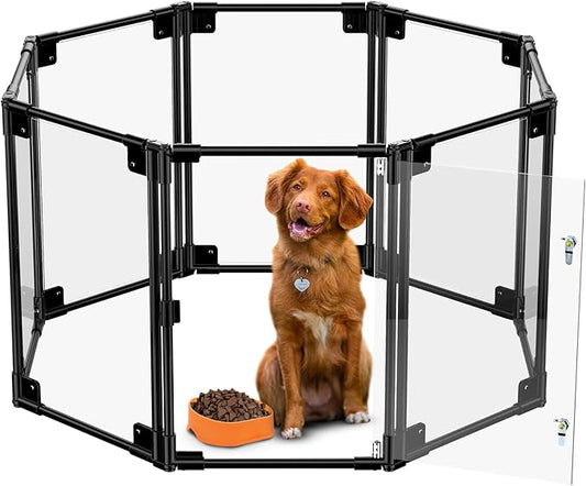 Clear Acrylic Dog Playpen with Door | 35x35x25 Inch Adjustable Pet Playpen | Instant Setup Indoor Dog Pen for Small/Medium Dogs | Hexagon, Octagon Configurations (Black, 8)