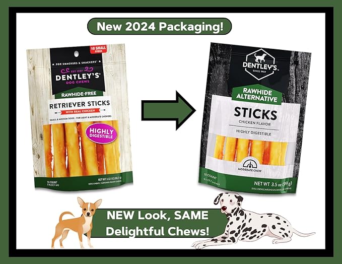 Dog Chews Bundles for Small and Medium Dogs, Rawhide Free Alternative 5 inch Retriever Sticks Bundle with 1 Dog Waste Roll, Dental Treats for Moderate Chewers (Chicken, 10 Count)