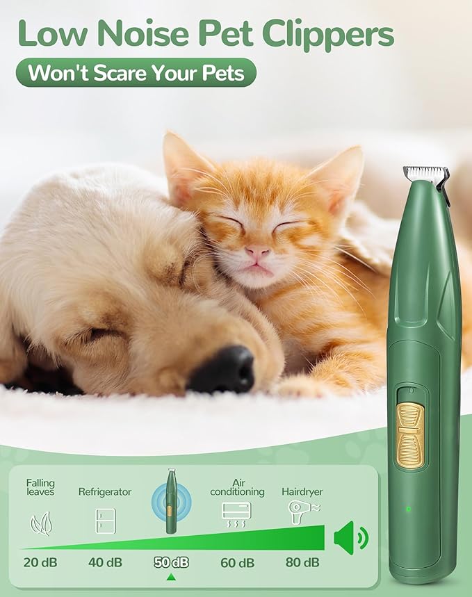 LEYOUFU Dog Clippers for Grooming, 2 Speed Low Noise Cordless Dog Paw Trimmer, Rechargeable Small Pet Hair Trimmer for Grooming, Cat Hair Clippers Shaver for Paws, Eyes, Ears, Face, Rump (Green)
