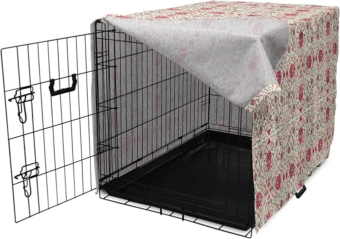 Lunarable Traditional Dog Crate Cover, Lotus Motif with Petals Swirled Stalks and Leaves, Easy to Use Pet Kennel Cover for Medium Large Dogs, 42 Inch, Champagne Dried Rose