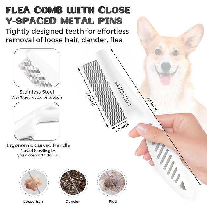 5 in 1 Dog Grooming Kit, Self Cleaning Slicker Brush for Shedding Short Long Haired Dogs & Cats, Includes Pet Comb, Flea Comb, Bath Brush, Undercoat Rake, Gray