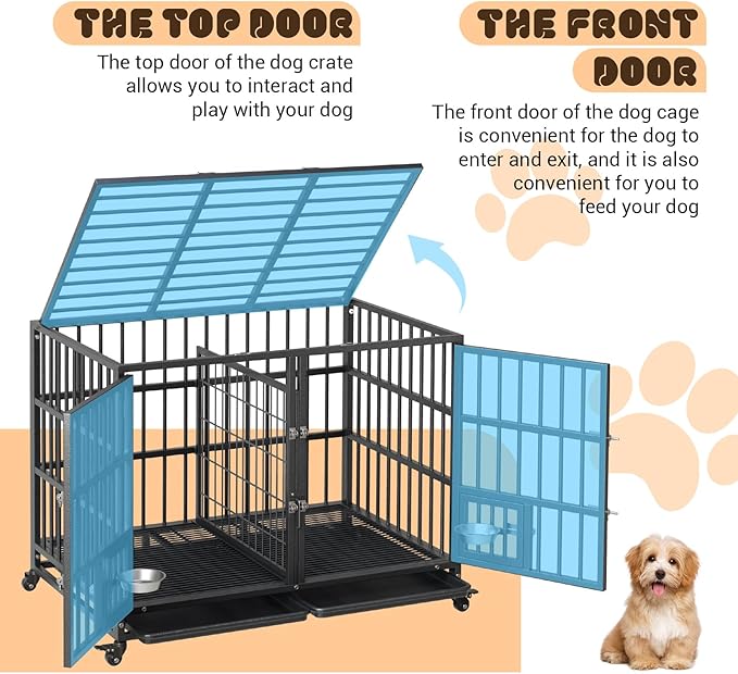 Metal Dog Crate, 42 Inch Heavy Duty Dog Crate with Divider, 2 Feeding Door and Bowls, Dog Kennel Indoor with Wheels, for 2 Small Dogs/1 Large Dog