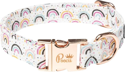 Durable Cotton Blend Dog Collar, Cute & Stylish, Adjustable with Metal Locking Clasp, Made in USA (Happy Rainbows, Large)