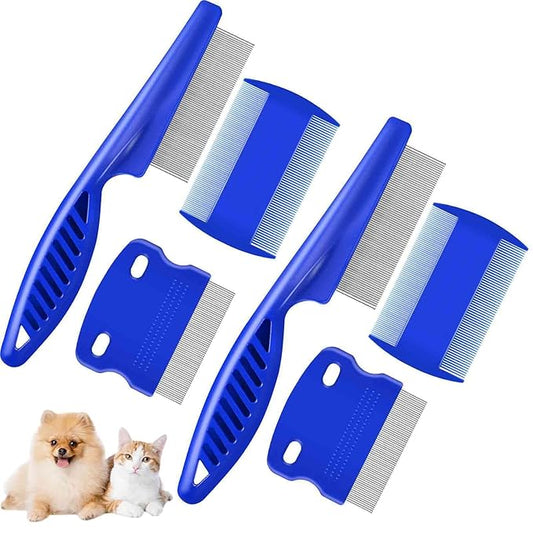 6 Pack Dog Grooming Comb, Pet Flea Lice Stainless Steel Cat Combs with Rounded Teeth, 2-in-1 Double Sided Professional Dogs Tear Stain Remover, Dematting Tool for Small, Medium & Large Pets