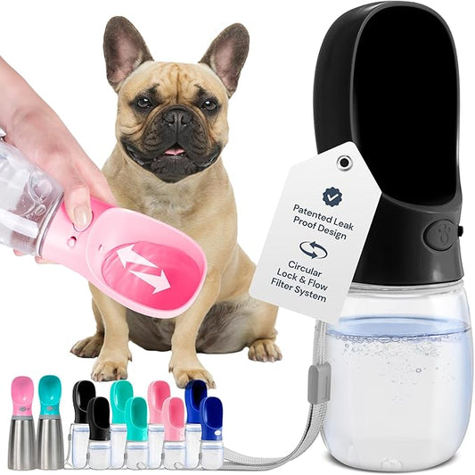 MalsiPree Leak Proof Portable Dog Water Bottle - 12 oz, Lightweight, Black Travel Pet Water Bottle with Bowl - Food Grade Plastic - Dog Walking Accessories - Doggy Trail Sip