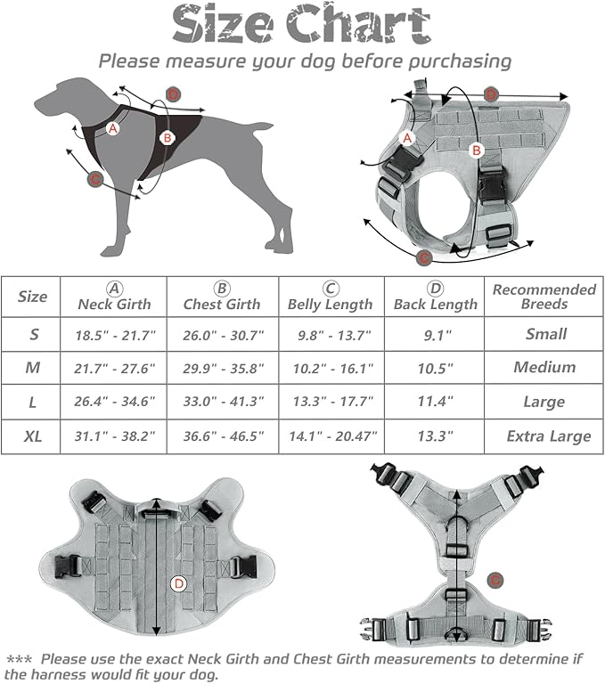 rabbitgoo Tactical Dog Harness for Large Dogs, Heavy Duty Dog Harness with Handle, No-Pull Service Dog Vest Large Breed, Adjustable Military Dog Vest Harness for Training Hunting Walking, Grey, S