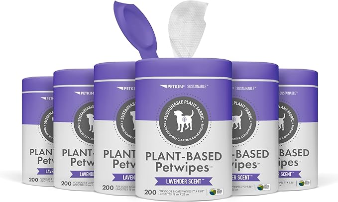 Petkin Plant-Based PetWipes, 200 Wipes, 6 Count - Biobased, Sustainable, Big & Thick Pet Wipes for Dogs & Cats - for Face, Paws, Ears, Body & Eye Area - Consciously Cleans & Conditions - Lavender