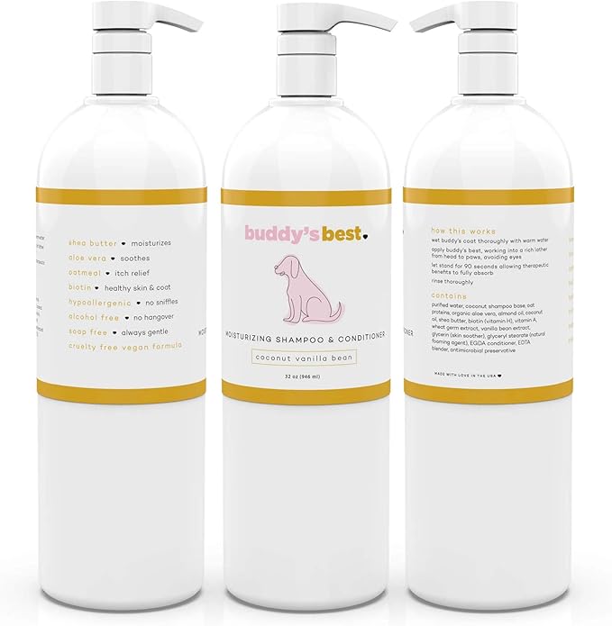 Buddy's Best Dog Shampoo for Smelly Dogs - Oatmeal Dog Shampoo and Conditioner for Dry and Sensitive Skin - Moisturizing Puppy Wash Shampoo, Coconut Vanilla Bean Scent, 32oz