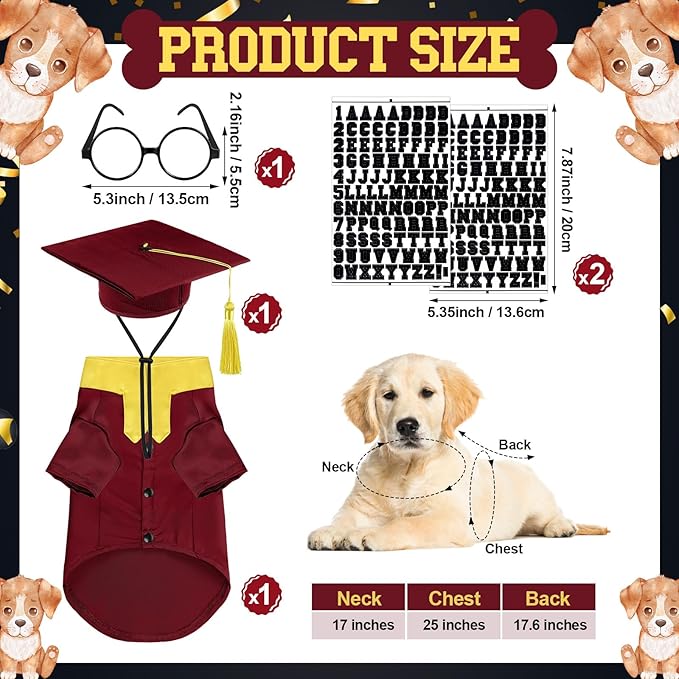 5 Pcs Dog Graduation Costume Set Include 2025 Pet Graduation Gown with Stole Puppy Grad Cap Lensless Glasses DIY Letter Stickers for Dogs Cats Holiday Costume Accessory(Maroon Yellow,L)