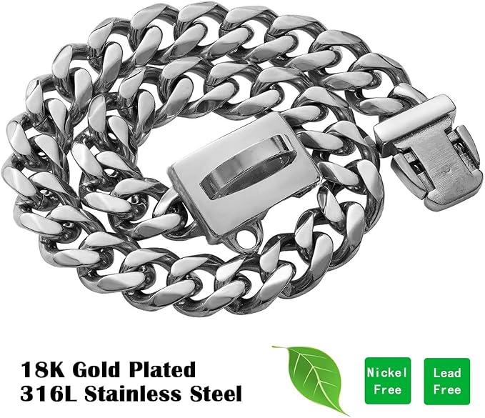 Strong Stainless Steel Silver Cuban Link Dog Chain Collar,Pet Necklace Walking Collar for Small Dogs,Cats(Length - 12'')