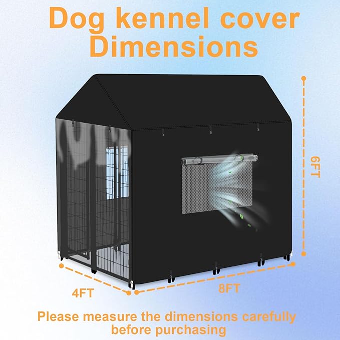 Outdoor Dog Kennel Cover Heavy Duty Full Coverage 600D Waterproof and Durable Dog Crate Cover for 8'Dx4'Wx6'H Multiple Brands of Dogs Kennelswith Mesh Breathable Good Observation（Covers Only）