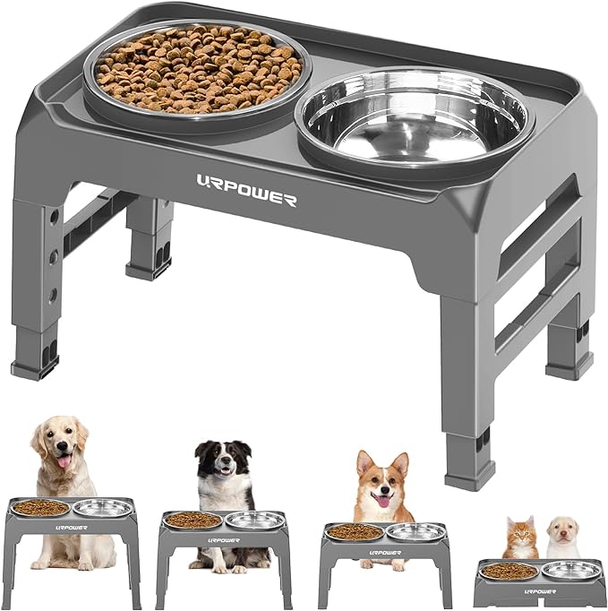 URPOWER 4 Height Adjustable Elevated Dog Bowls - 50oz Large Capacity Stainless Steel Bowls, No-Spill Edge, Non-Slip Stand for Small, Medium, Large Dogs & Pets