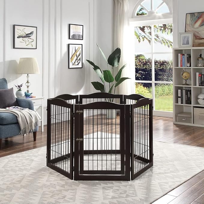 beeNbkks Extra Wide Pet Gate, 6 Panels Freestanding Dog Gate with Walk Through Door and 5 Support Feet, Foldable Pet Barrier Fence for Stairs Doorways Fireplace, Indoor Exercise Playpen for Dogs Cats