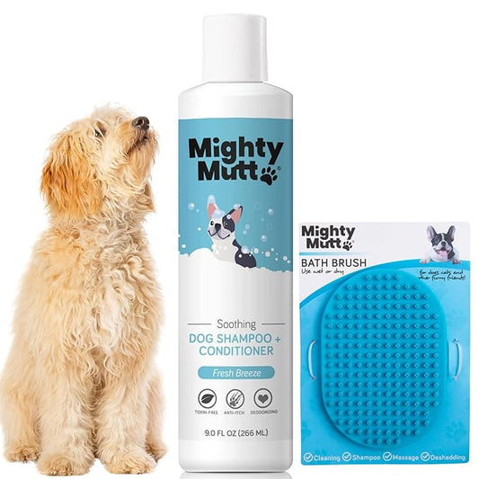 Mighty Mutt Soothing Dog Shampoo and Conditioner + Brush Bundle | Fresh Breeze (9 fl oz) | Deodorizes Smelly Dogs | Detangles | Natural, Hypoallergenic & Anti-Itch Dog Shampoo Sensitive Skin