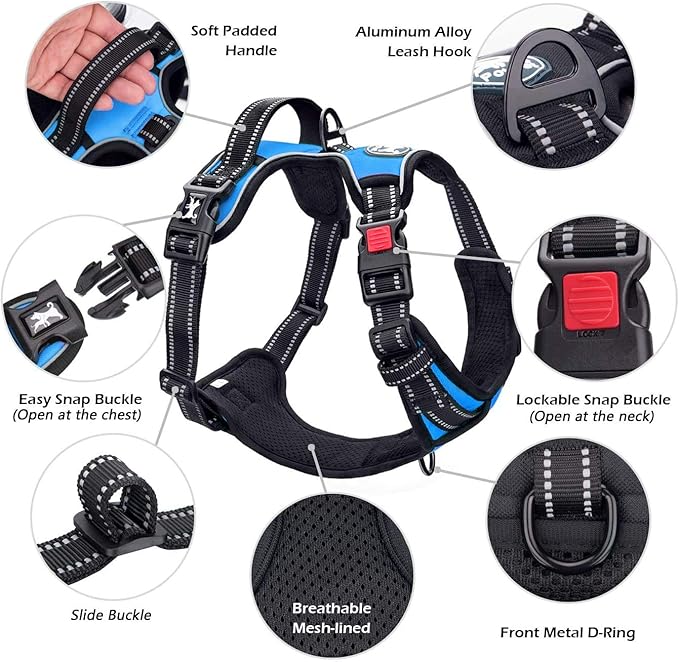 PoyPet Dog Harness No Pull, Reflective Adjustable No Choke Pet Vest with Front & Back Clips, Soft Padded and Control Training Handle for Large Dogs(Blue,XL)