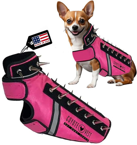 CoyoteVest SpikeVest Dog Harness Vest for Small Dogs, Reflective Dog Vest with Spikes to Shield Your pet from Coyotes, Raptor and Animal Attacks, Anti Hawk Vest, Made in USA (XXS-Pink)