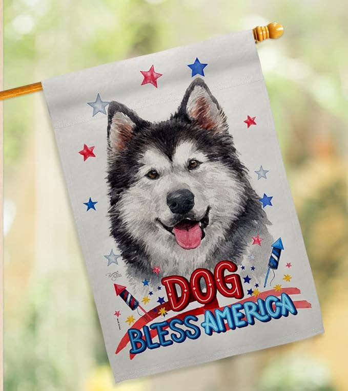 Breeze Decor Patriotic Siberian Husky House Flag Pack Dog Puppy Spoiled Paw Canine Fur Pet Nature Farm Animal Creature Applique Banner Small Garden Yard Gift Double-Sided, Made in USA