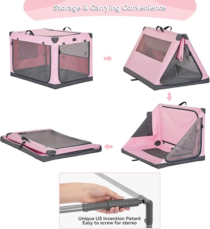 PETSFIT Soft Sided Dog Crate, with Patented Adjustable Fabric Cover, Chewproof & Lockable Mesh Doors, Waterproof Base Collapsible Kennel Pink 40 Inch
