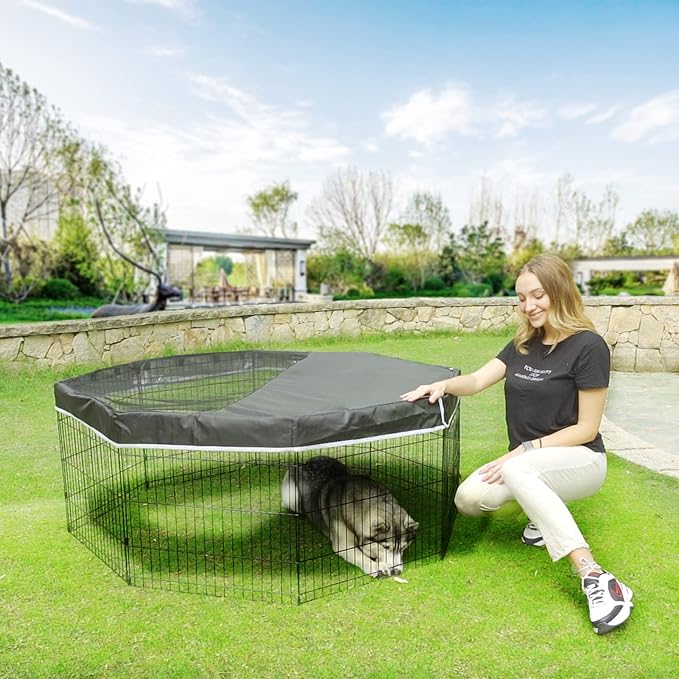 PJYuCien Dog Playpen Mesh Top Cover, Fits 24 Inch 8 Panels Regular Octagon Metal Exercise Pet Pen, Adhesive Tape Connections, Black (Note: Cover Only, Fence Not Included)