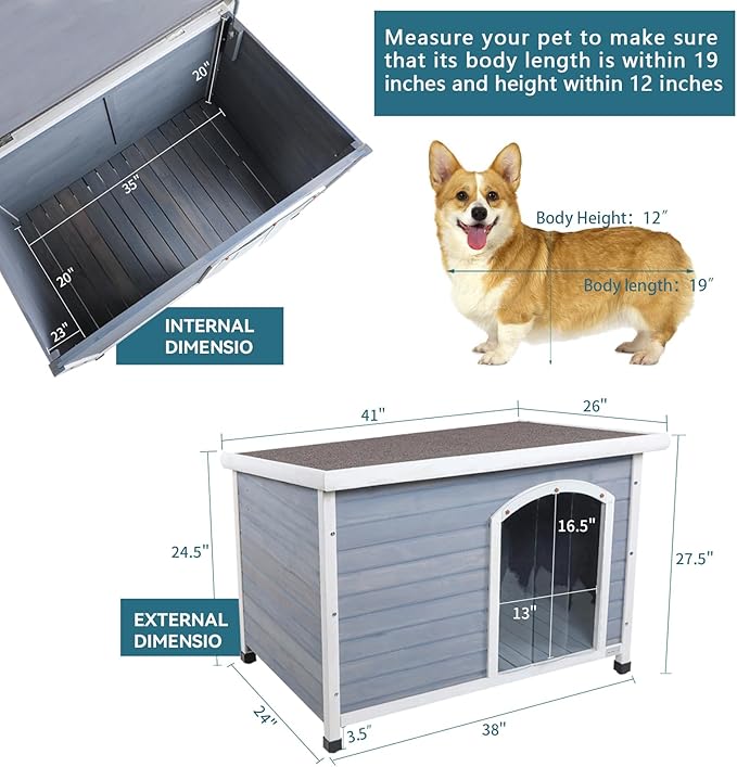 Petsfit Wooden Dog House,Outdoor Pet Kennel, Solid Wood, Weather Proof, Light Grey, Medium/40.8 X 26 X 27.6 Inch