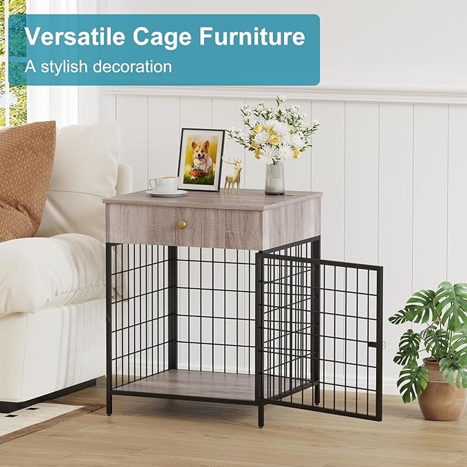 Dog Crate Furniture, Wooden Dog Crate End Table,Dog Kennel with Drawer Indoor, Furniture Dog Crate Side Table for Small Dogs