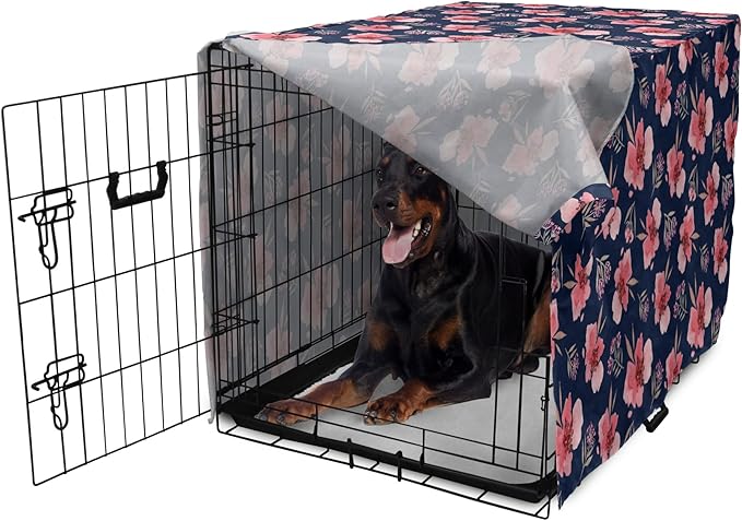 Ambesonne Watercolor Dog Crate Cover, Nature Inspired Composition with Pink Garden Flora Vintage Petals, Easy to Use Pet Kennel Cover for Medium Large Dogs, 42 Inch, Navy Blue Coral