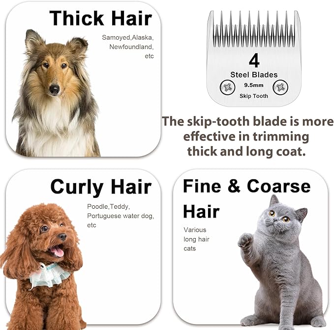 4 Skip Tooth Blades,Detachable Pet Dog Grooming Steel Blade，Compatible with Andis,Oster A5,Wahl KM10 Series Clippers,Cut Length 3/8-Inch (9.5mm)