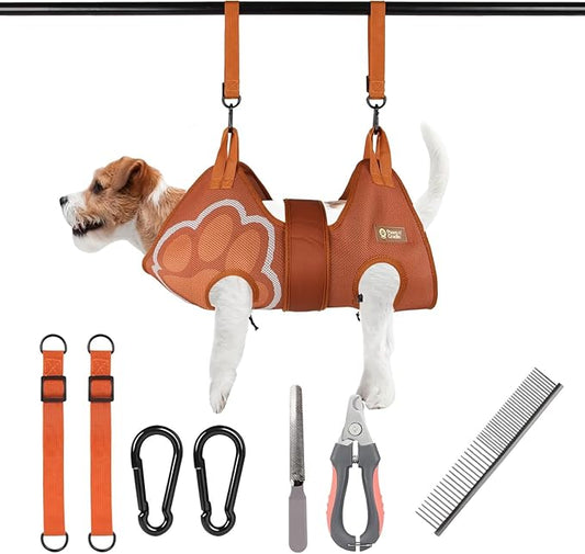 Paws n' Cradle Dog Grooming Hammock Harness for Dogs & Cats - Complete Kit with Adjustable Leg Fittings, Comb, Nail Clippers, File, Velcro Strap, Adjustable Hanging Straps & Snap Hooks (Extra Large)