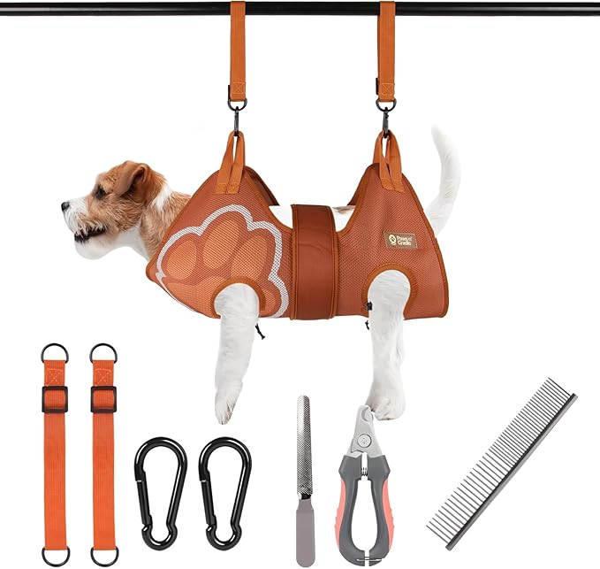 Paws n' Cradle Dog Grooming Hammock Harness for Dogs & Cats - Complete Kit with Adjustable Leg Fittings, Comb, Nail Clippers, File, Velcro Strap, Adjustable Hanging Straps & Snap Hooks (Large)