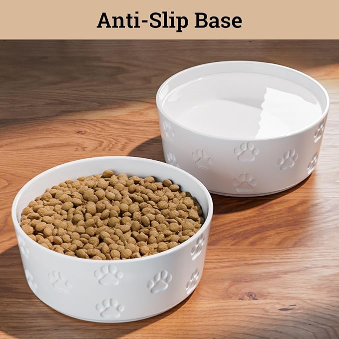 Ceramic Dog Bowl Set of 2 with Anti-Skid Base - 6.5" Wide x 2.5" Tall Ceramic Dog Bowls Medium Sized Dogs - 3 Cup Capacity Food and Water Bowls for Dogs - Rubber Bottom Pet Bowl Set of 2 Medium Size