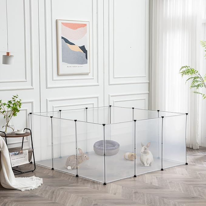 BRIAN & DANY Dog Playpen, Portable Plastic Pet Playpen, Clear Dog Play Pen Acrylic Rabbit Playpen Indoor, 12 Panels Puppy Fence and Guinea Pig for Small Animals- 28 X 20 Inch