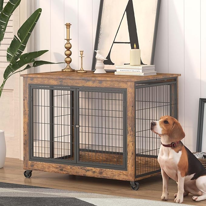 Dog Crate Furniture Dog Kennel for Home Indoor Use Furniture Dog Crate with Double Doors for Medium Large Dog 38.58" W x 25.2" D x 27.17" H Rustic Brown