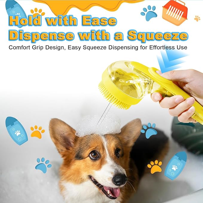 3Pcs Dog Bath Brush, Dog Scrubber for Bath, Dog Shampoo Brush Bubble Maker, Dog Paw Washer, dog grooming Massage Brush with Adjustable Ring Handle, dog accessories for Short & Long Hair -Yellow