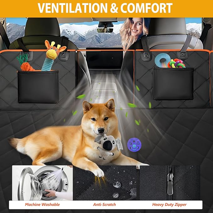 Back Seat Extender for Dogs - Holds 400lb, Hard Bottom Dog Bed Back Seat Cover, Pet Car Seat Cover Backseat Extender, Waterproof Dog Car Hammock for Car, SUV, Truck, Black/Orange