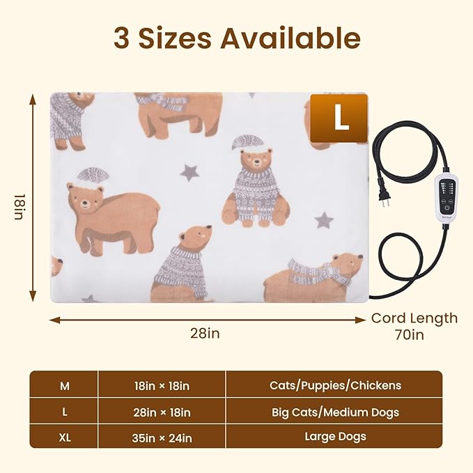 Bearhug Heated Cat Bed, Dog Heating Pad 28"×18"[Two Replaceable Cover] Adjustable Temperature Pet Heating Pad with Steel-Wrapped Cord, Waterproof and Chew-Resistant for Cats Puppies Medium Animals