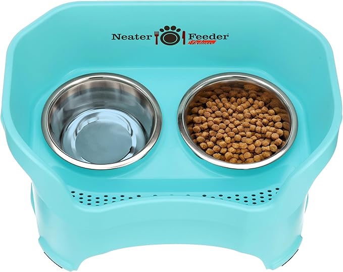 Neater Feeder Deluxe Mess Proof Dog Bowls Elevated for Large Breed – Made in USA – No Spill Raised Dog Food Bowl Stand – Stainless Steel Food and Water Bowl Set, Pet Dish Feeding Station, Aquamarine