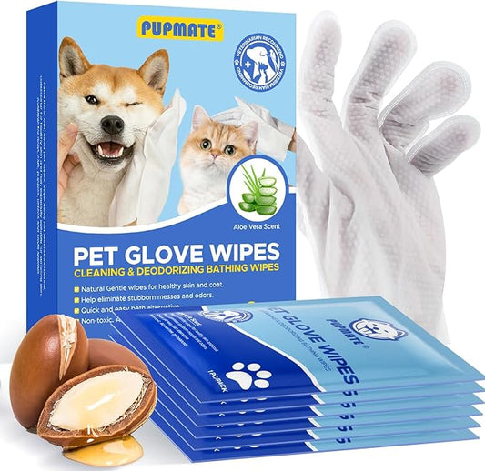 Pet Cleaning Glove Wipes for Dogs & Cats, Hypoallergenic Deodorizing Disposable No-Rinse Grooming Wipes, Extra Thick Bathing Wipes,Perfect for Pet Dry Cleaning,Daily Care and Travel,6 pcs