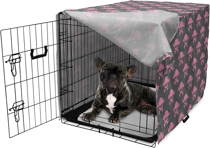 Lunarable Skull Dog Crate Cover, Vivid Pirate on Pale Background Head of a Skeleton and Bones Halloween Themed, Easy to Use Pet Kennel Cover for Cats & Medium Dogs, 24 Inch, Pink Taupe